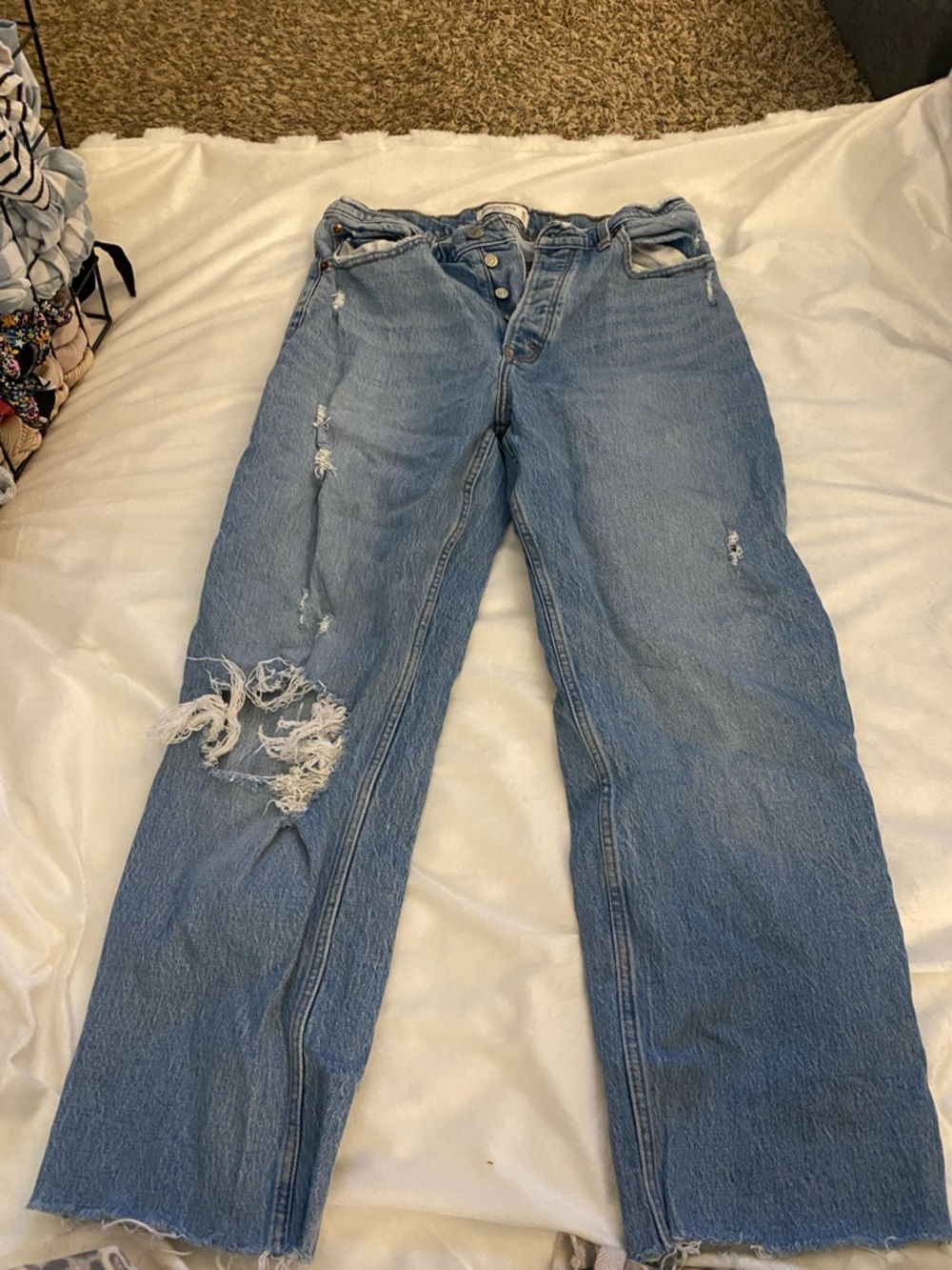 Abercrombie & Fitch Light Blue Straight Leg Jeans with Distressed Knee